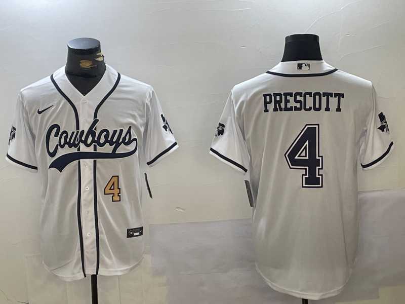 Men%27s Dallas Cowboys #4 Dak Prescott White With Navy Name Cool Base Stitched Baseball Jerseys
